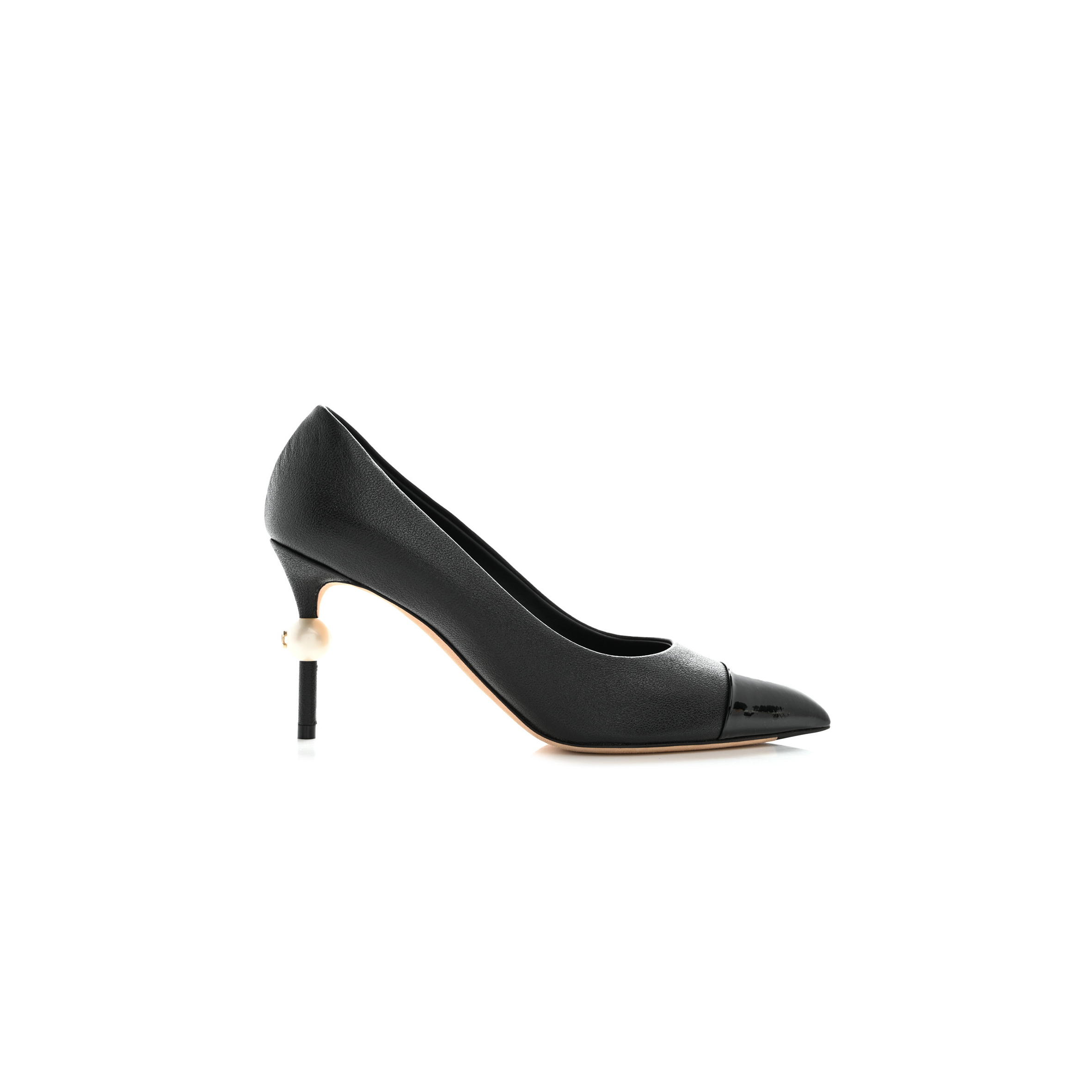 CHANEL GOATSKIN PATENT CALFSKIN CAP TOE CC PEARL PUMPS 